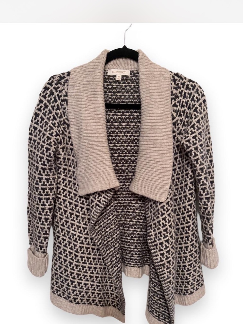 Ellen Tracy Taupe and Black Open-Front Knit Shawl Collar Cardigan